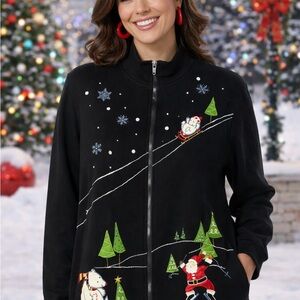 Onque Casual Women Sweater Jacket Womens 2X Full Zip Christmas Embroidered Ugly